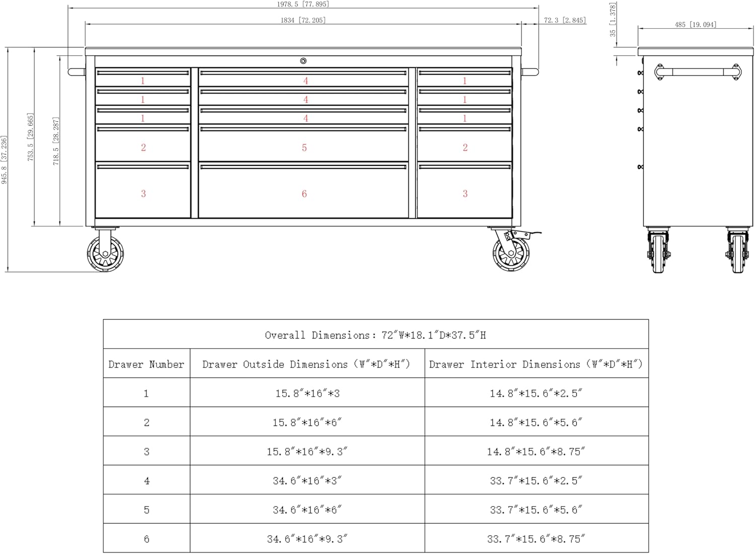 Tool Chest 72" x 20" x 37.5" 11 Drawer Tool Storage Chest Cabinet Wood Top Workbench Mobile Rolling 2 Door