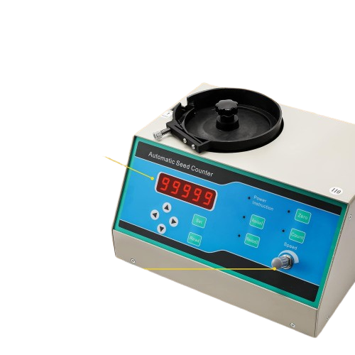 Automatic Seeds Counter Machine – Microcomputer-Controlled for Various Seed Shapes, Blue with Clearance Adjustment Knob