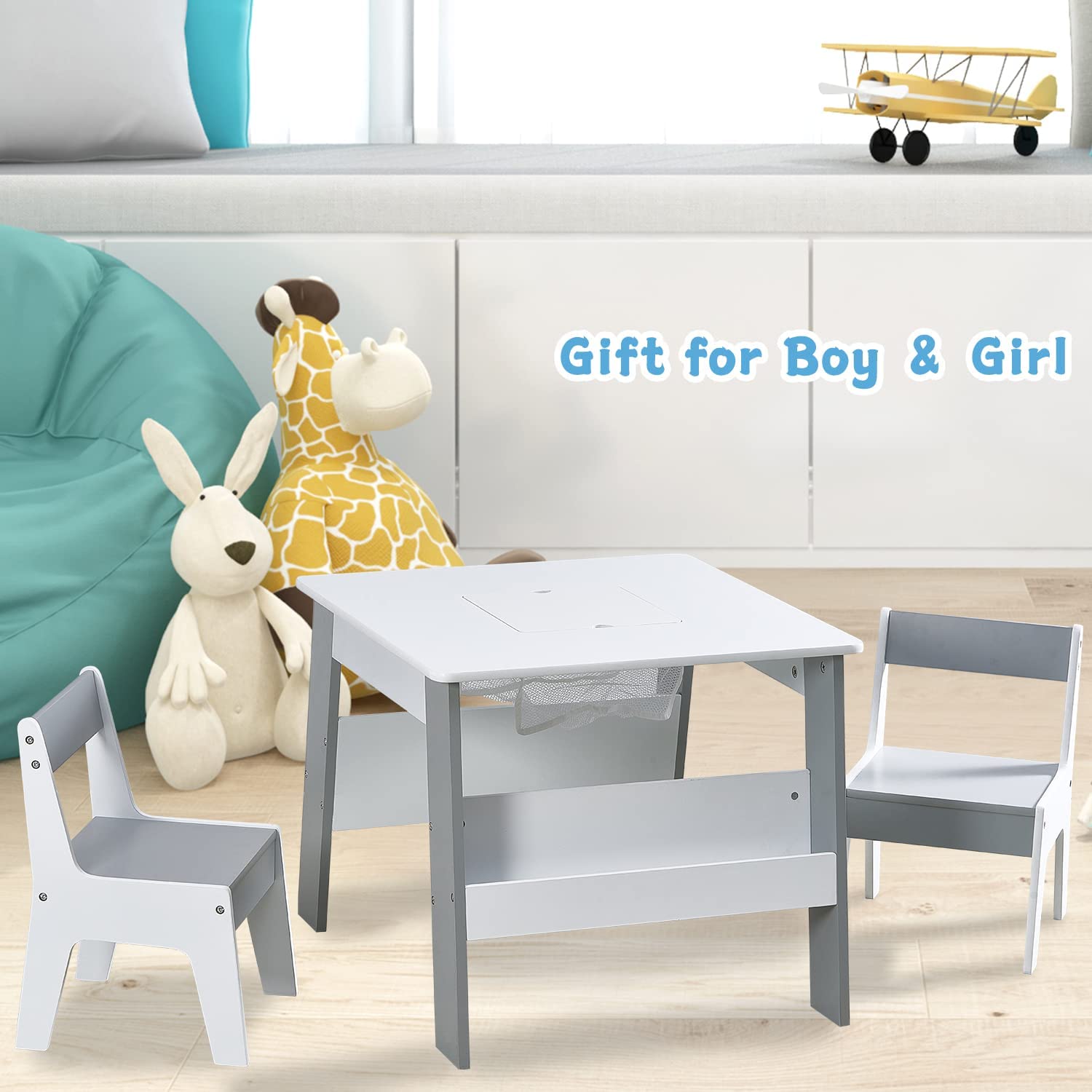 Kids Table and Chairs Set with Storage Space Wooden Activity
