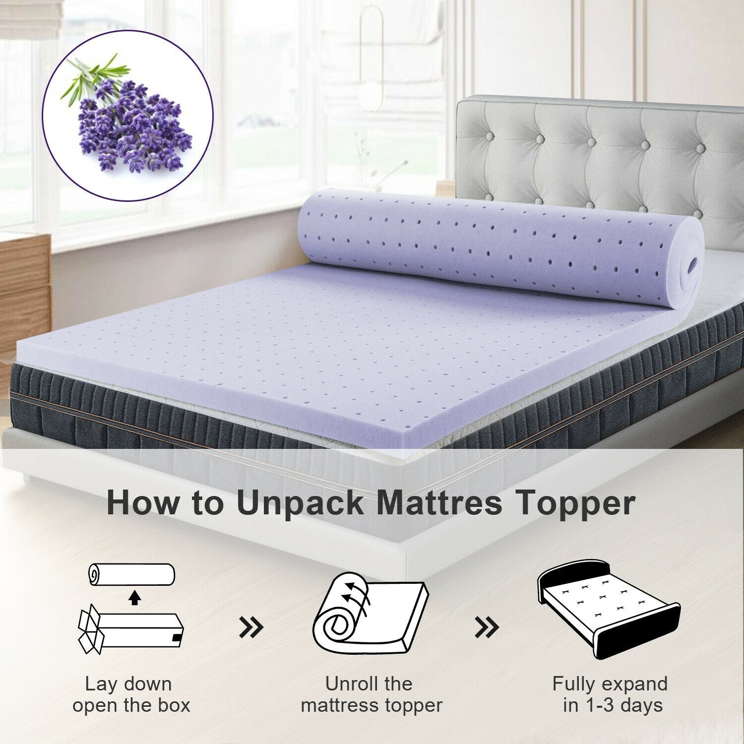 Mattress Topper Memory Foam Lavender CertiPUR-US Certified