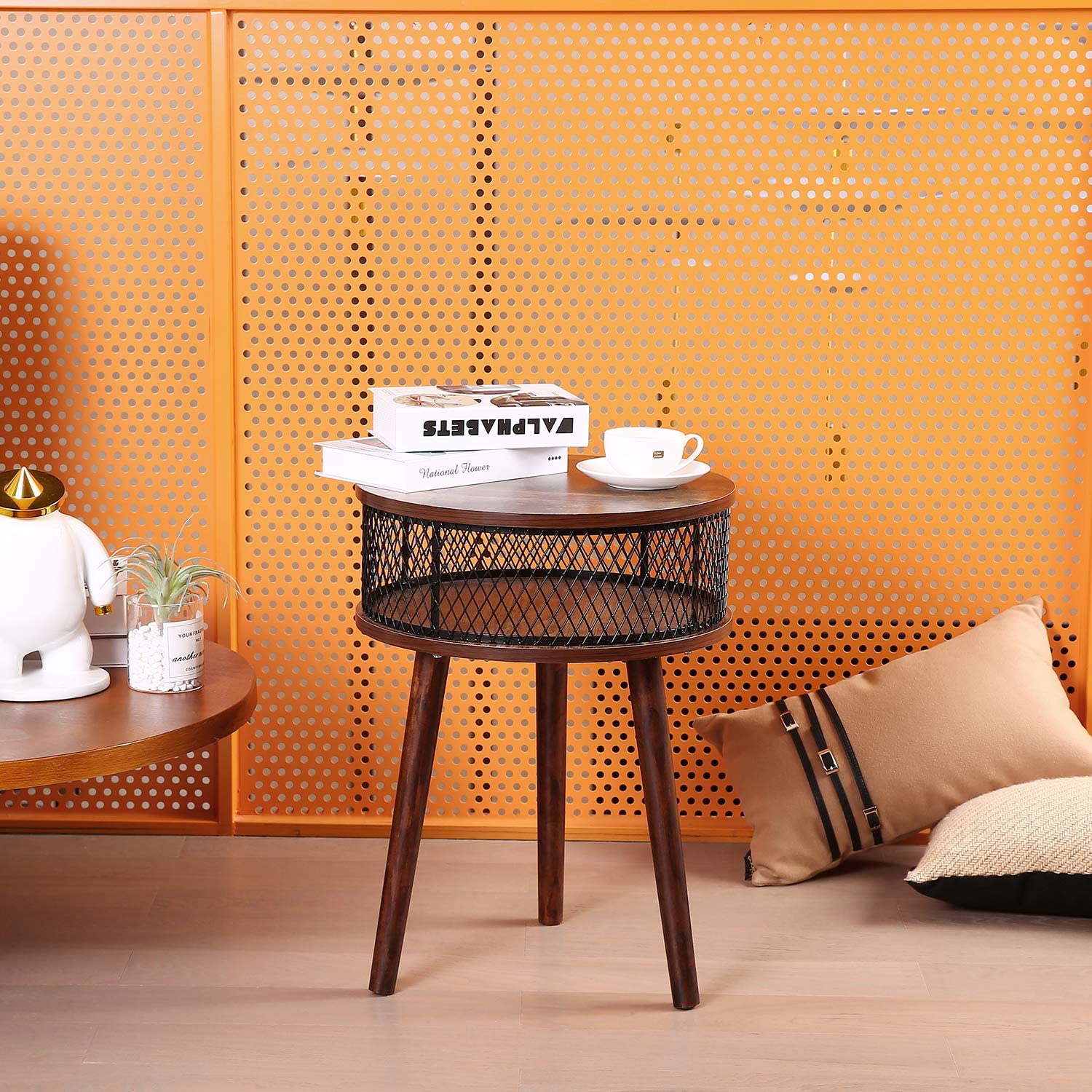 Mid Century Modern Nightstand with Storage Basket Industrial