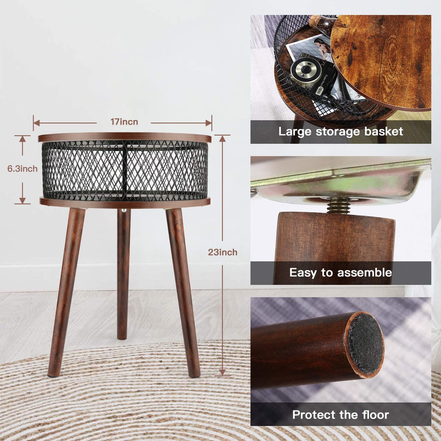 Mid Century Modern Nightstand with Storage Basket Industrial