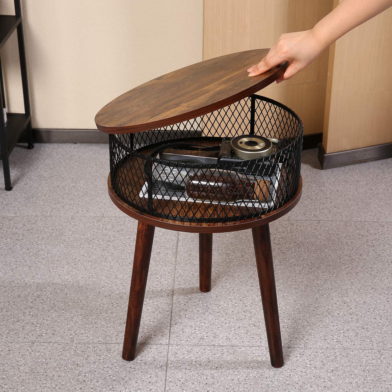 Mid Century Modern Nightstand with Storage Basket Industrial