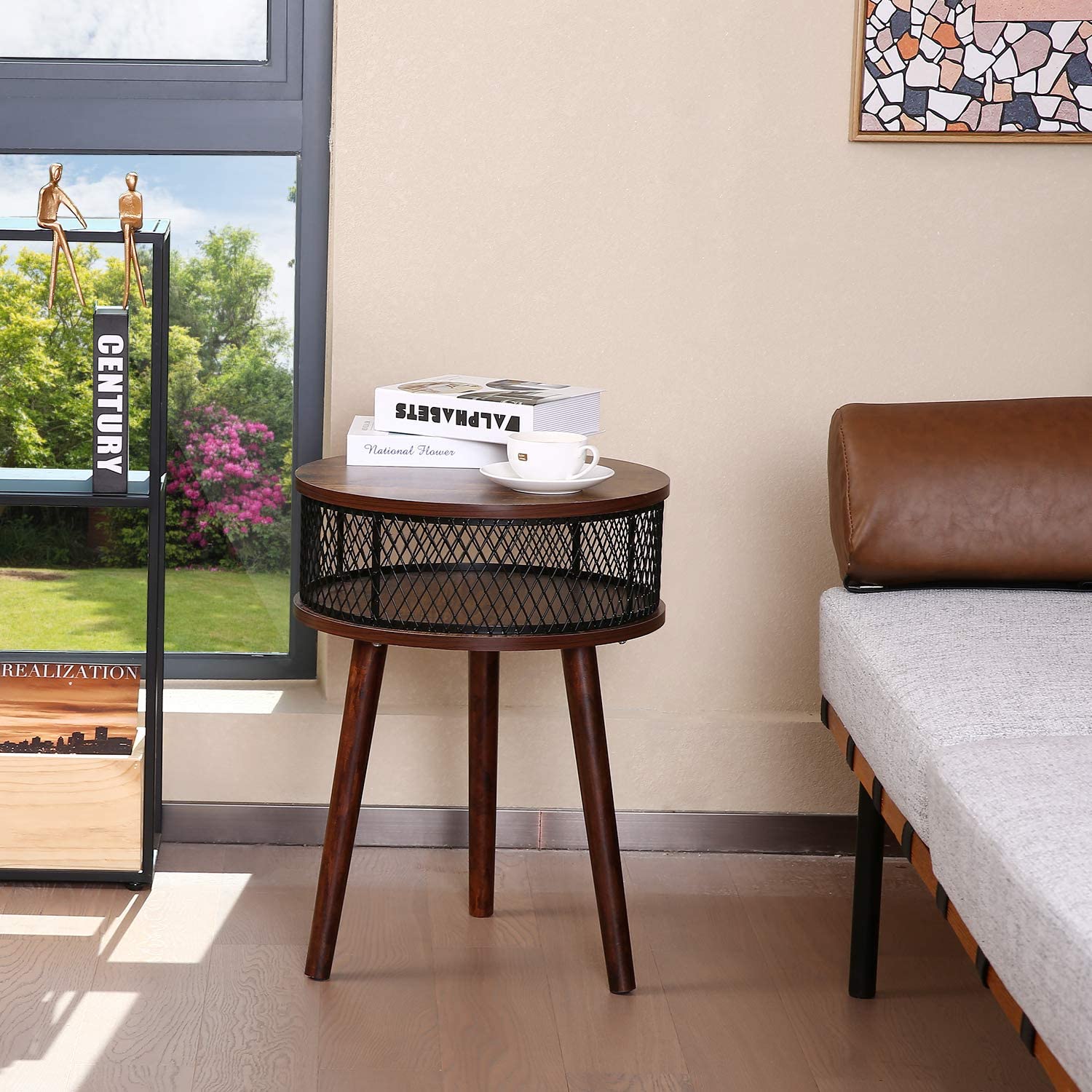 Mid Century Modern Nightstand with Storage Basket Industrial