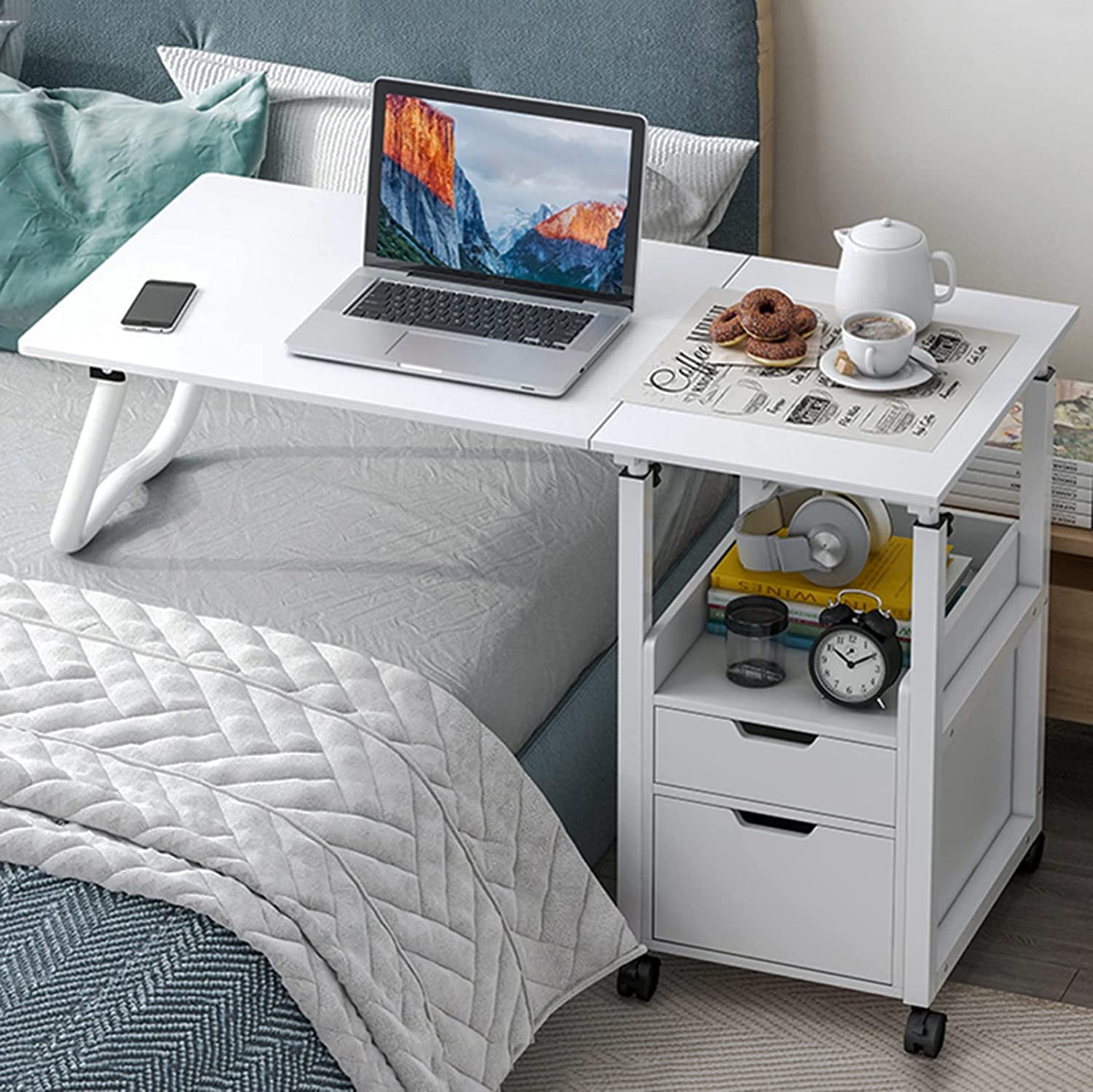 Overbed Table I Bedroom Side Table with Wheels I Foldable