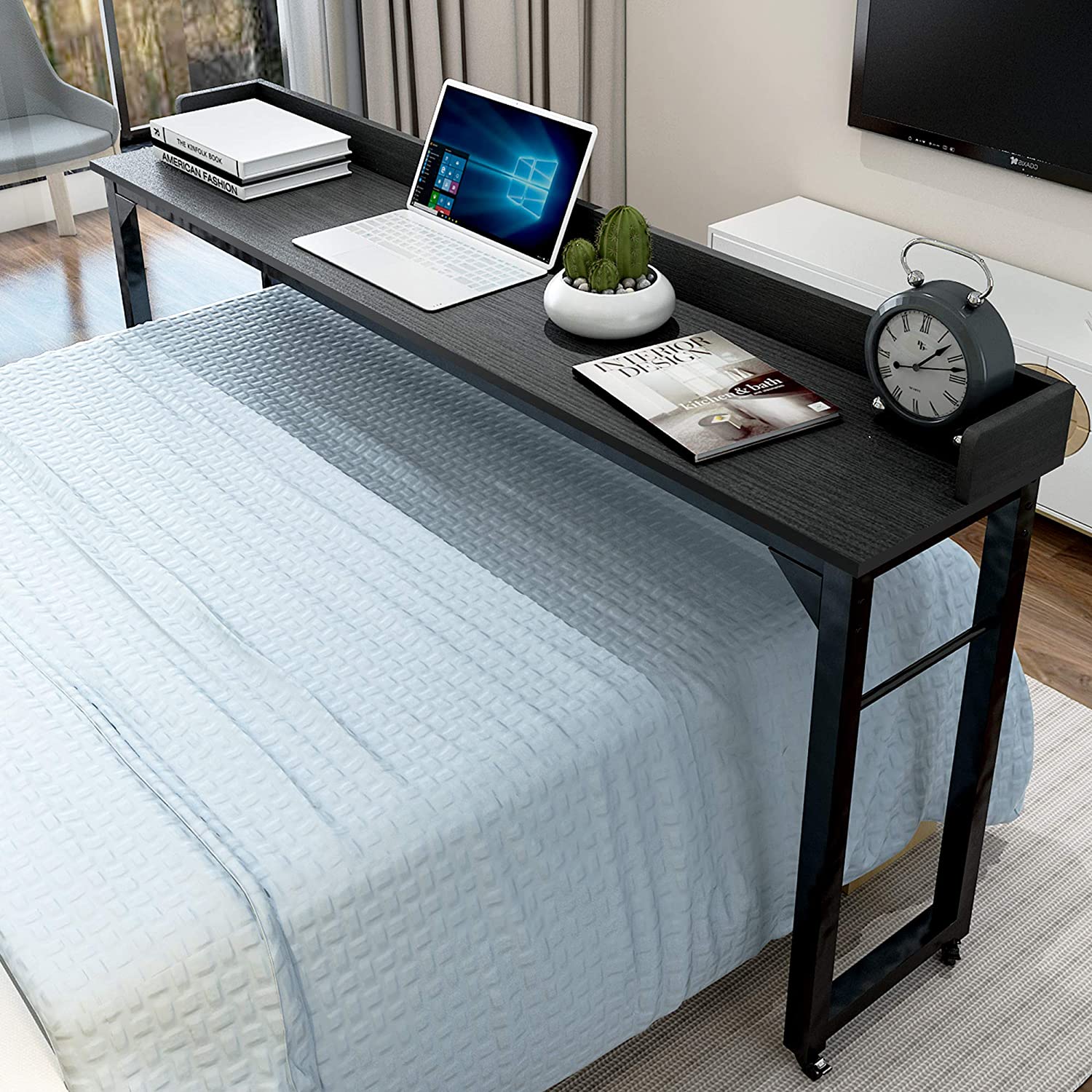 Overbed Table with 4 Wheels for Full/Queen Size Bed Frame -