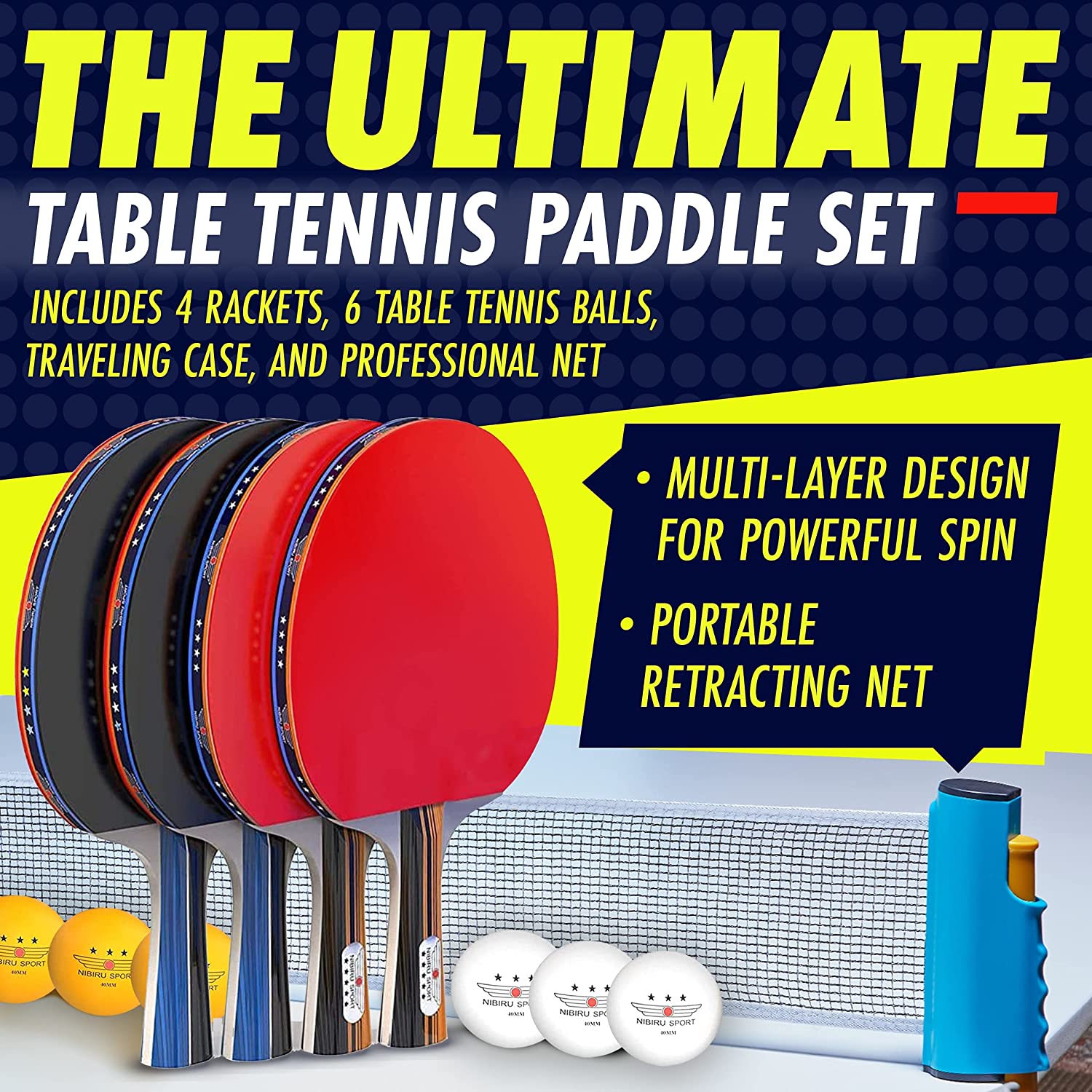 Professional Ping Pong Paddle Set with Retractable Net