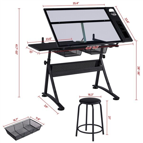 Glass Art Desk: Adjustable Height Drafting Table for Artists/Painters with Versatile Tabletop