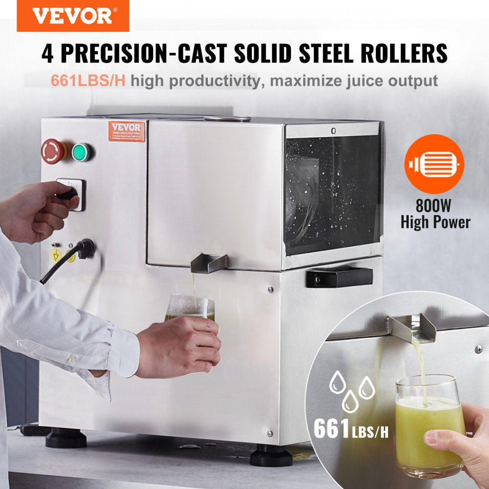 Electric Sugar Cane Juicer – 800W, 661LBS/H Output, 4 Stainless Steel Rollers | Automatic Pressure Adjustment for Home & Commercial Use