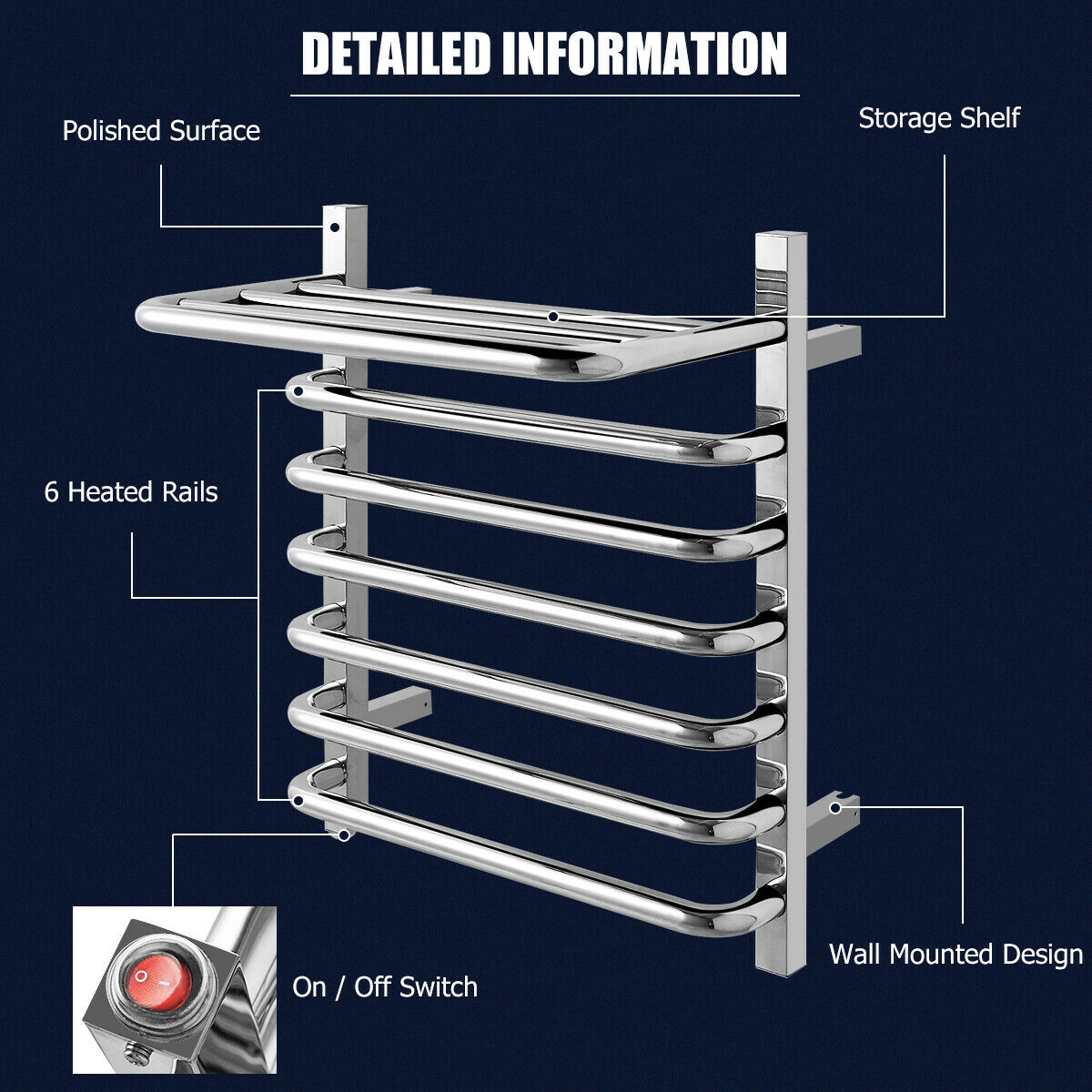 Towel Warmer 10-Bar Wall Mount Stainless Plug-in Towel Rack