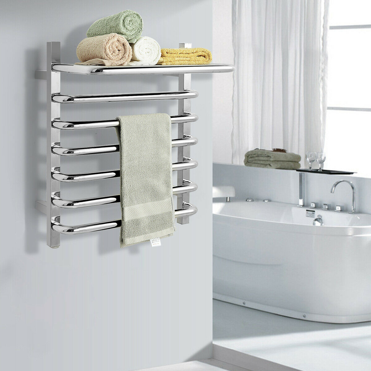 Towel Warmer 10-Bar Wall Mount Stainless Plug-in Towel Rack