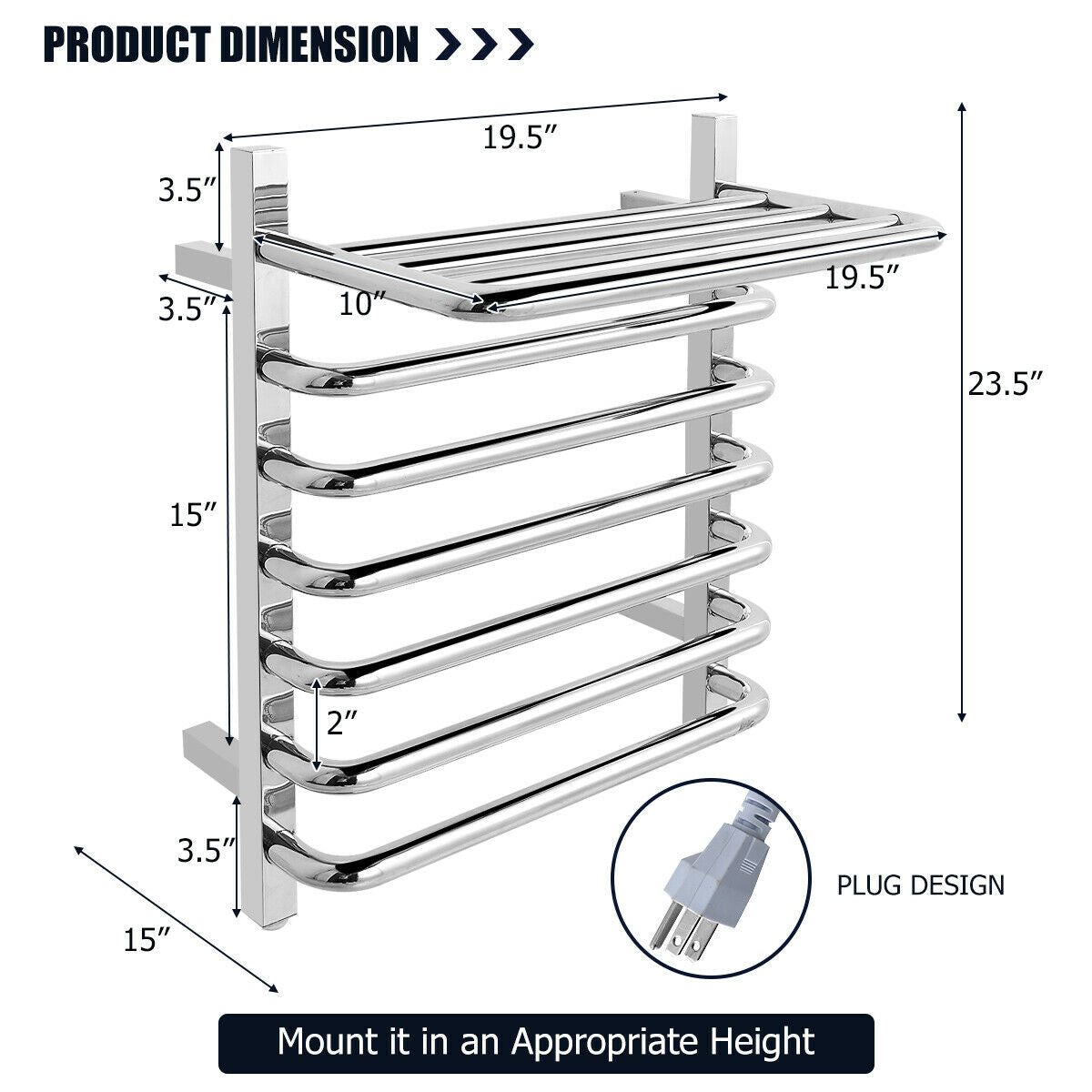 Towel Warmer 10-Bar Wall Mount Stainless Plug-in Towel Rack