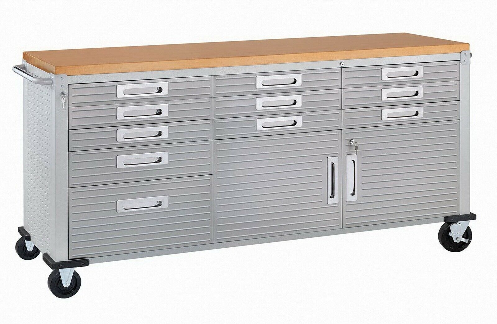 Tool Chest 72" x 20" x 37.5" 11 Drawer Tool Storage Chest Cabinet Wood Top Workbench Mobile Rolling 2 Door