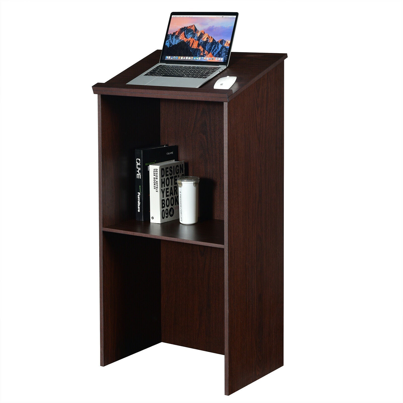 Lectern Wooden Floor Standing Podium Speaking Lectern Adjustable Shelf & Pen Tray Brown