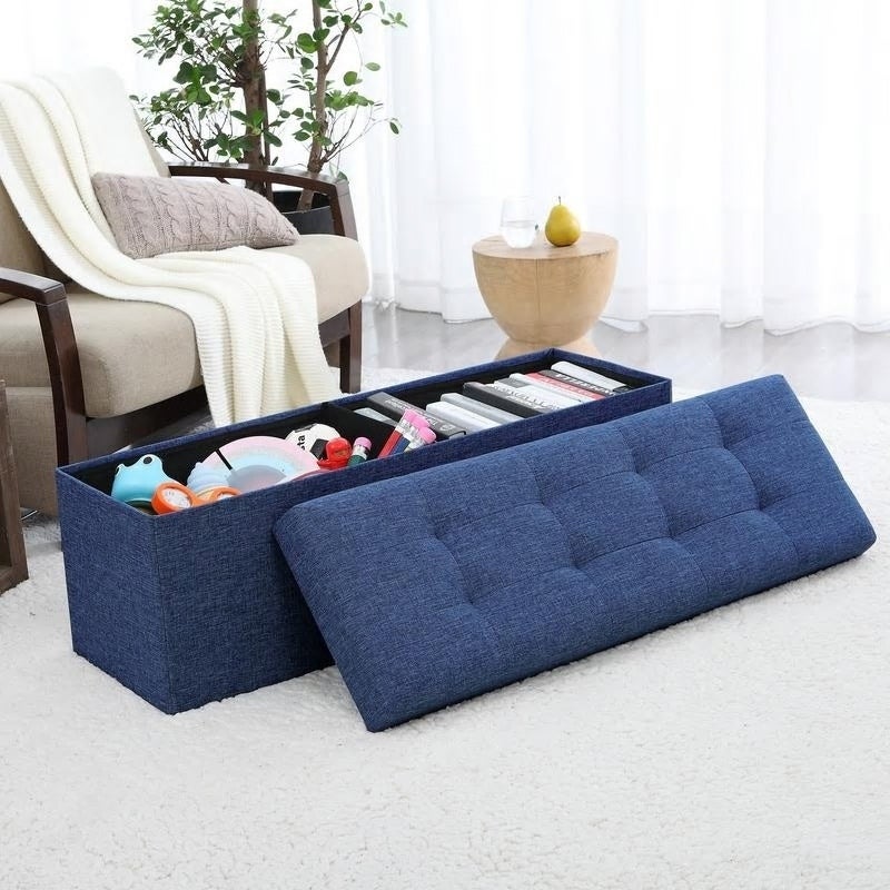 Foldable Tufted Linen Large Storage Ottoman Bench Foot Rest Stool/Seat - 15" x 45" x 15"