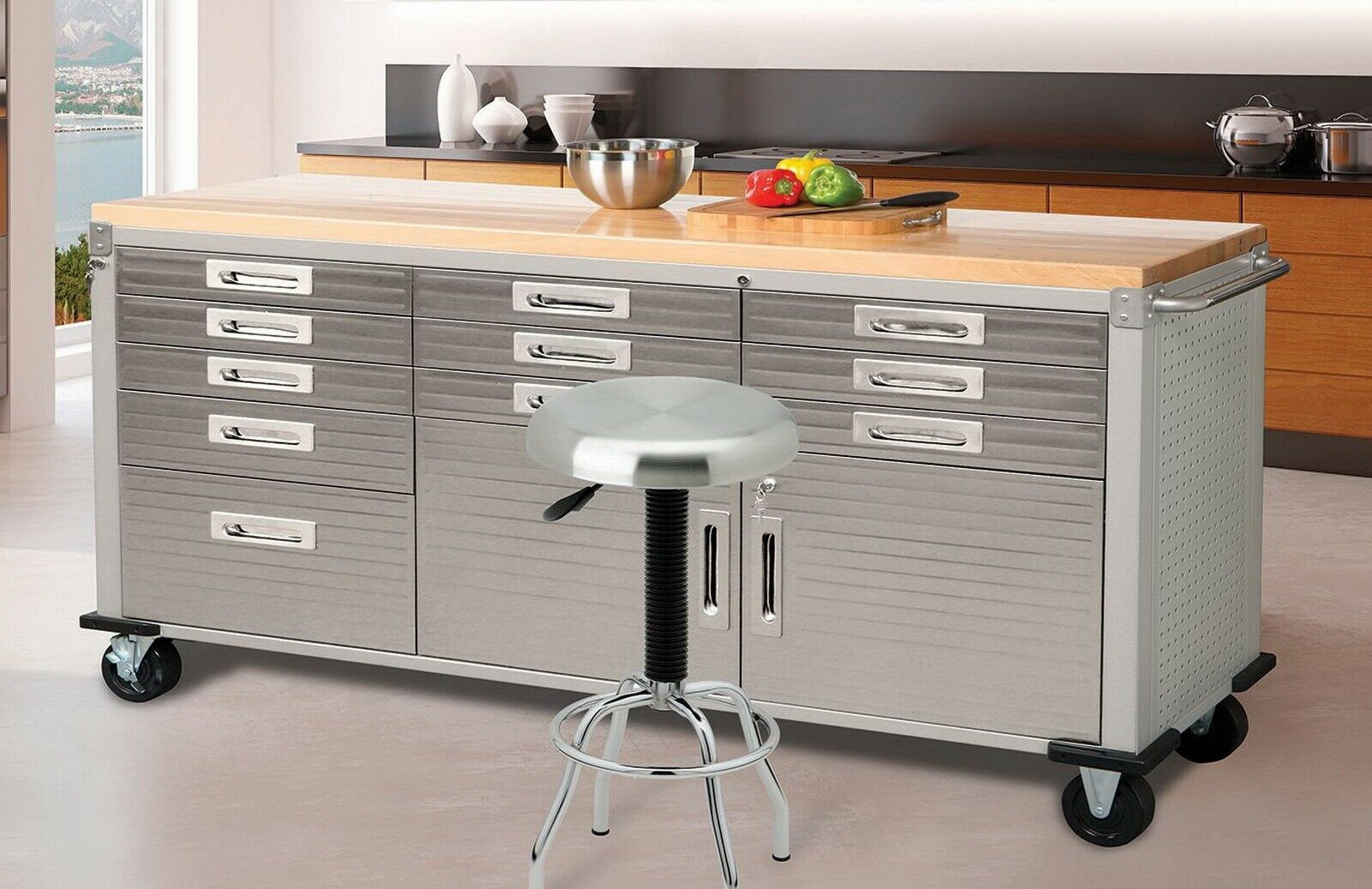 Tool Chest 72" x 20" x 37.5" 11 Drawer Tool Storage Chest Cabinet Wood Top Workbench Mobile Rolling 2 Door