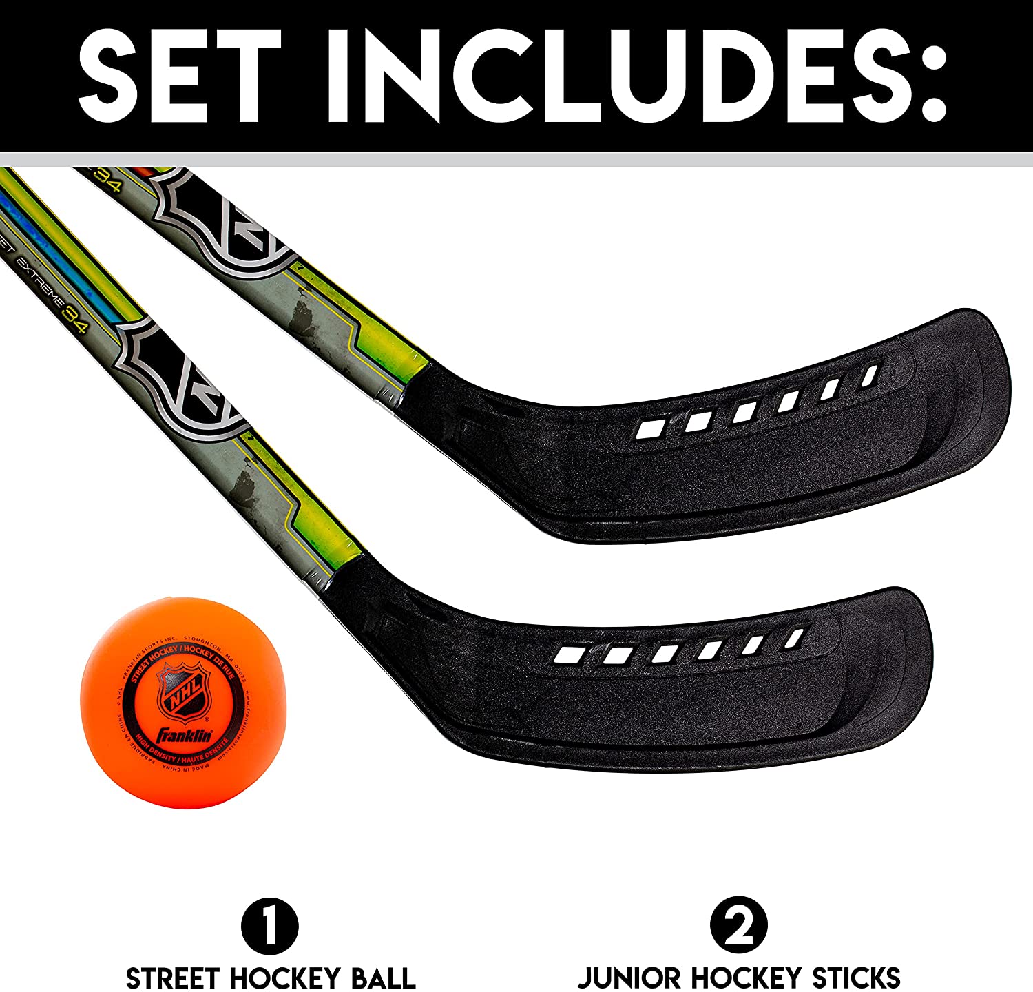 Hockey Set - Includes 2 Street Hockey Sticks and 1 Street Hockey Ball - Official NHL Licensed Product - Perfect Hockey Starter Set for Kids