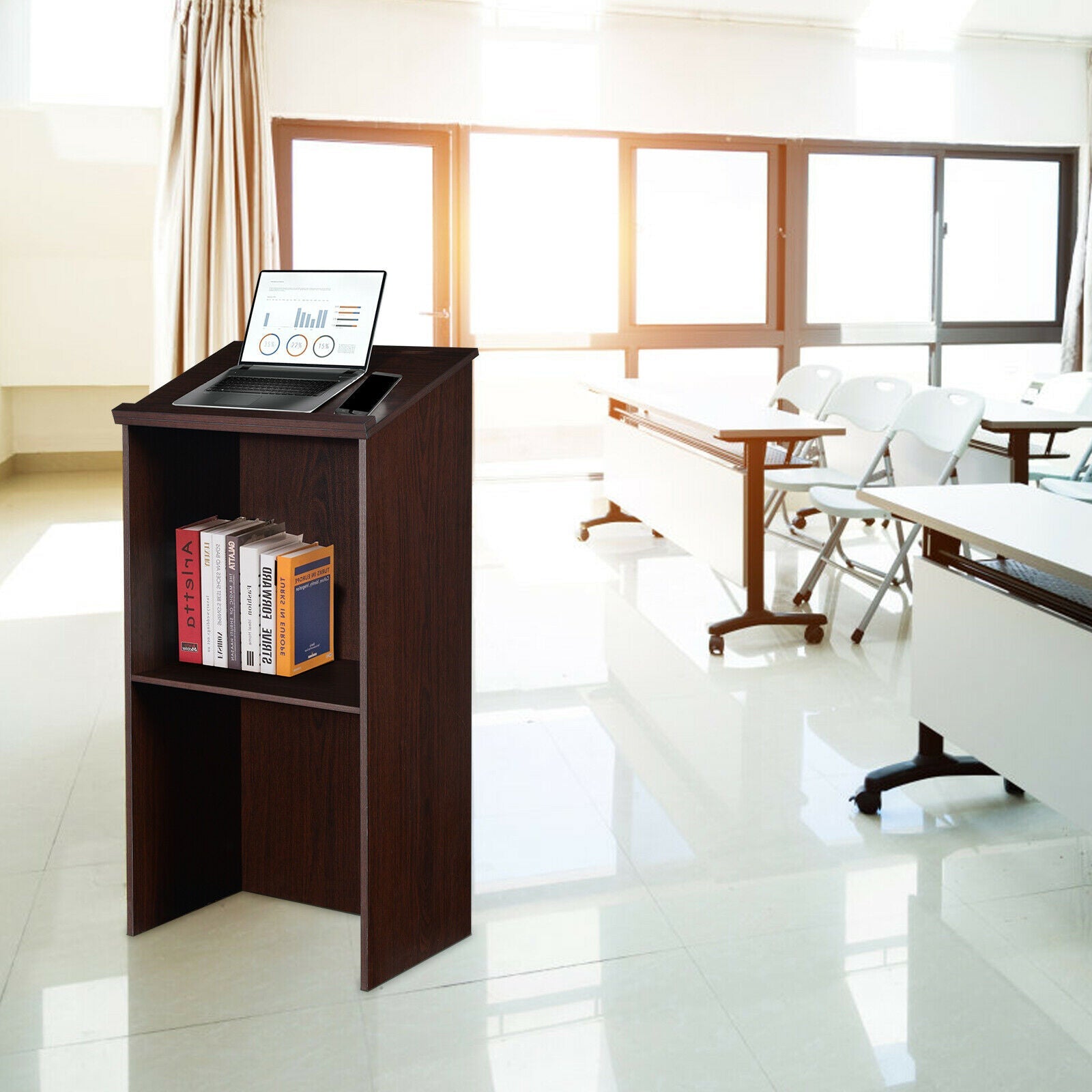 Lectern Wooden Floor Standing Podium Speaking Lectern Adjustable Shelf & Pen Tray Brown