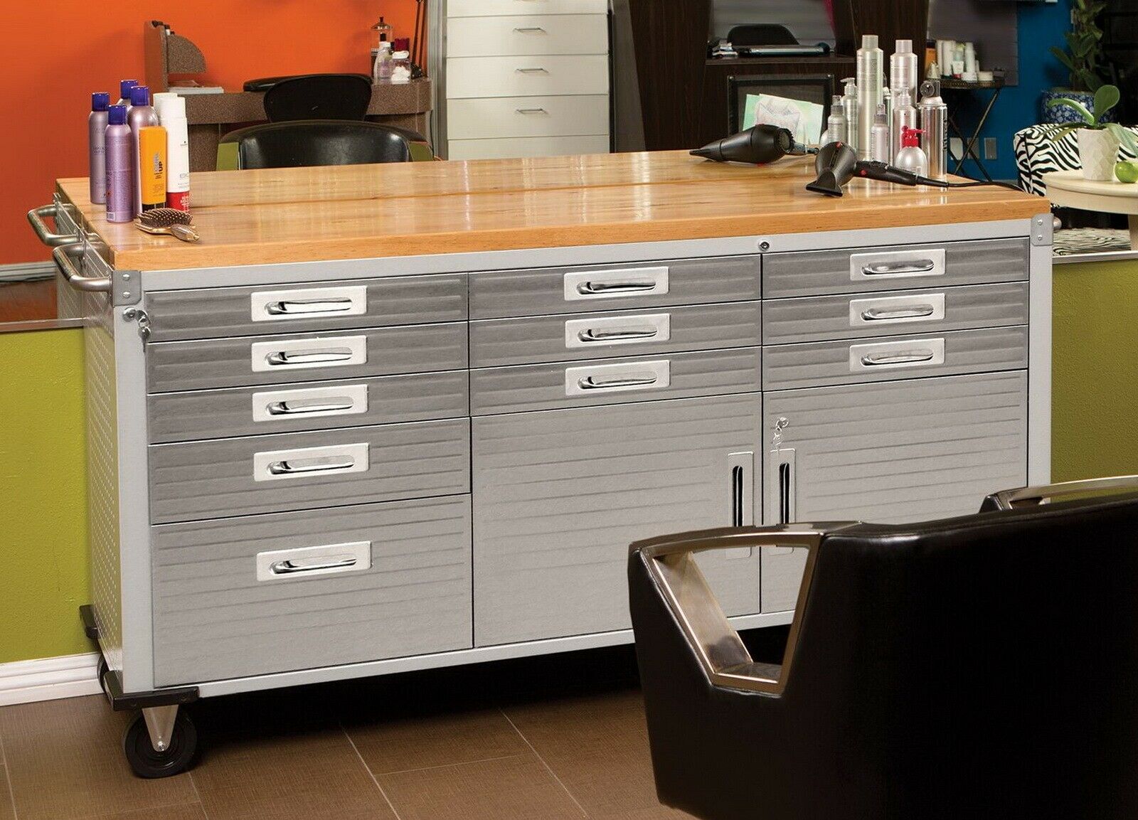 Tool Chest 72" x 20" x 37.5" 11 Drawer Tool Storage Chest Cabinet Wood Top Workbench Mobile Rolling 2 Door