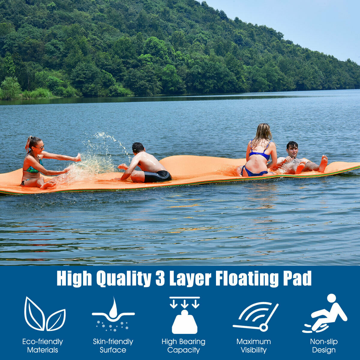 Floating Mat Water Pad 12' x 6' 3-Layer Floating Oasis Foam Mat Orange