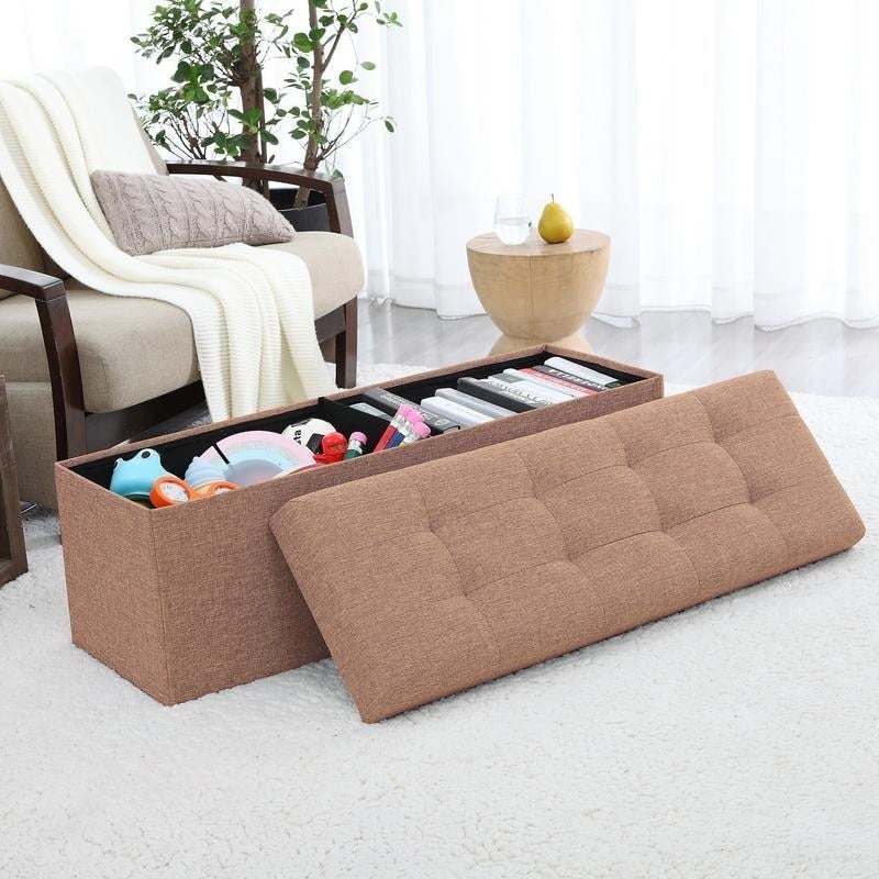 Foldable Tufted Linen Large Storage Ottoman Bench Foot Rest Stool/Seat - 15" x 45" x 15"