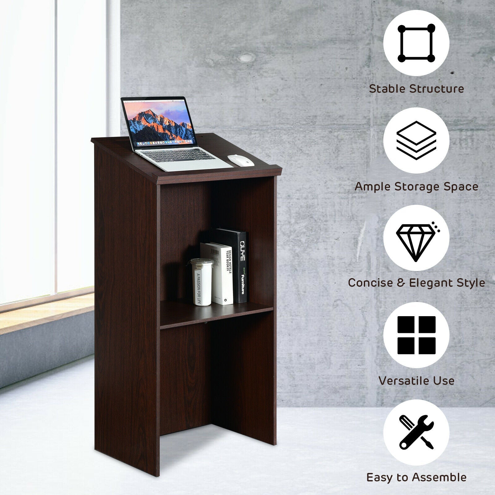 Lectern Wooden Floor Standing Podium Speaking Lectern Adjustable Shelf & Pen Tray Brown