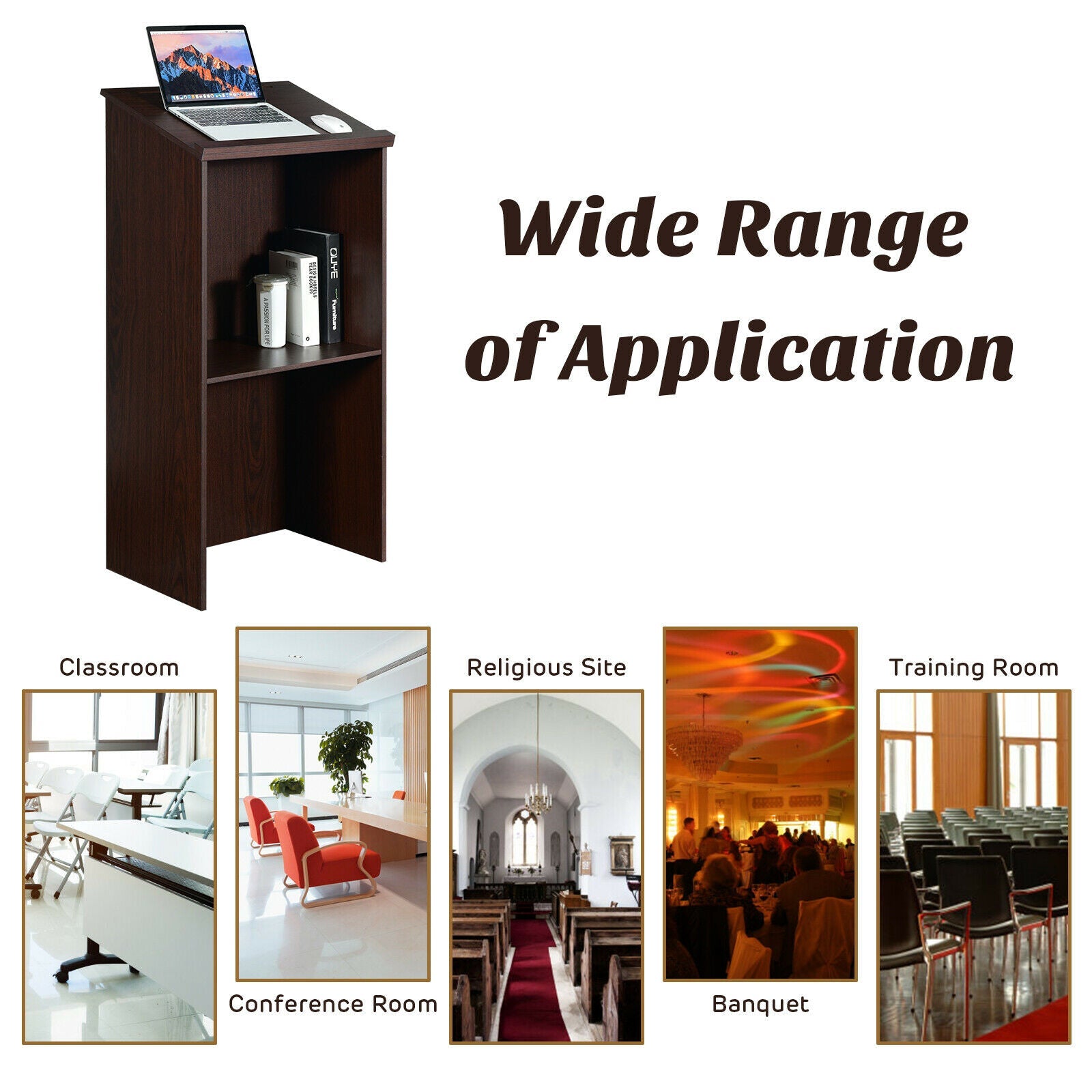 Lectern Wooden Floor Standing Podium Speaking Lectern Adjustable Shelf & Pen Tray Brown