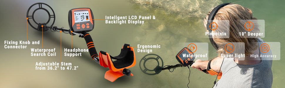 Metal Detector for Adults, Professional Waterproof Adjustable High Accuracy Metal Detector, 10 inches Detection Depth