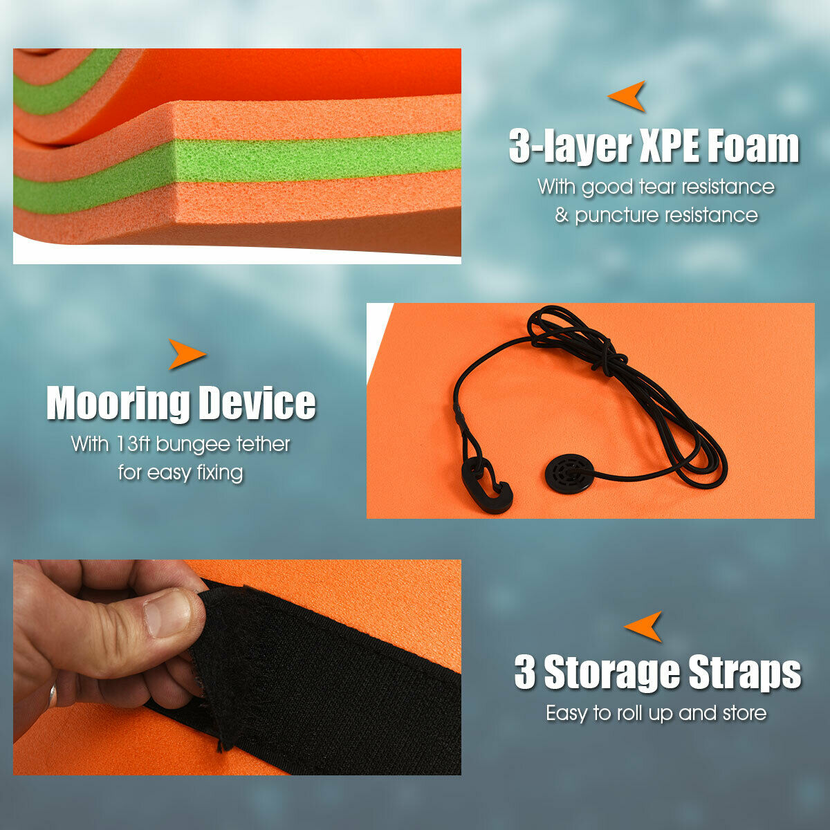 Floating Mat Water Pad 12' x 6' 3-Layer Floating Oasis Foam Mat Orange